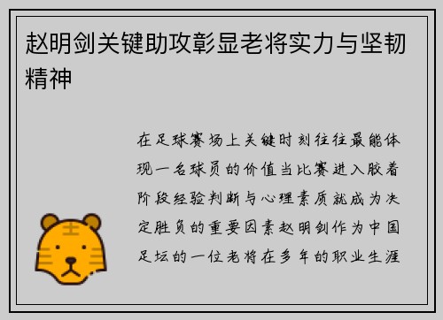 赵明剑关键助攻彰显老将实力与坚韧精神 赵明剑关键助攻彰显老将实力与坚韧精神