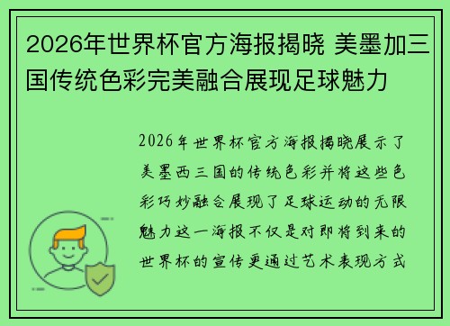 2026年世界杯官方海报揭晓 美墨加三国传统色彩完美融合展现足球魅力 2026年世界杯官方海报揭晓 美墨加三国传统色彩完美融合展现足球魅力