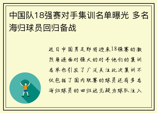 中国队18强赛对手集训名单曝光 多名海归球员回归备战