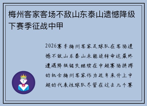 梅州客家客场不敌山东泰山遗憾降级下赛季征战中甲